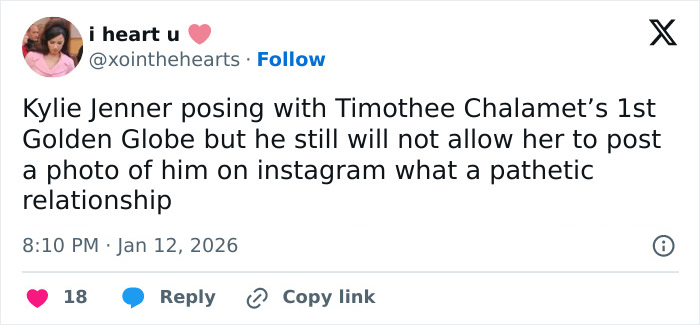 Tweet discussing Kylie Jenner posing with Timothée Chalamet’s Golden Globe amid their exposed fight and social media conflict. Tweet discussing Kylie Jenner posing with Timothée Chalamet’s Golden Globe amid their exposed fight and social media conflict.