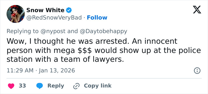 Tweet by Snow White expressing doubt about Timothy Busfield's arrest, mentioning lawyers and police involvement in the manhunt.