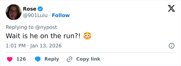 User Rose replying to a tweet, expressing shock with a surprised emoji about West Wing star Timothy Busfield manhunt update.