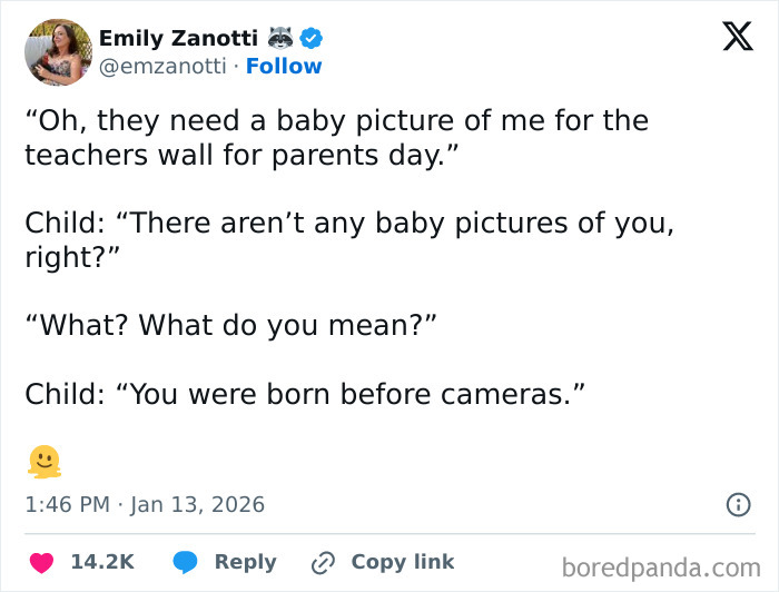 Tweet showing unintentionally comedic moments of parenting with humorous dialogue between parent and child.