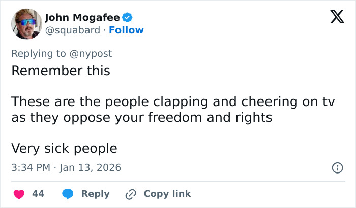 Tweet by John Mogafee criticizing people opposing freedom and rights, relating to US Marshals manhunt for Timothy Busfield.