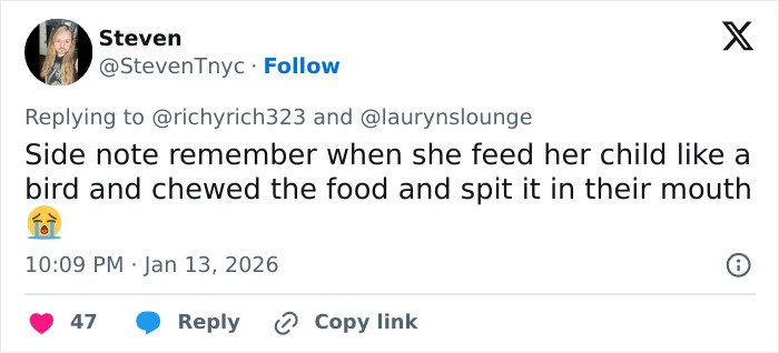 Tweet discussing Alicia Silverstone's past controversies, mentioning feeding her child in an unusual way.
