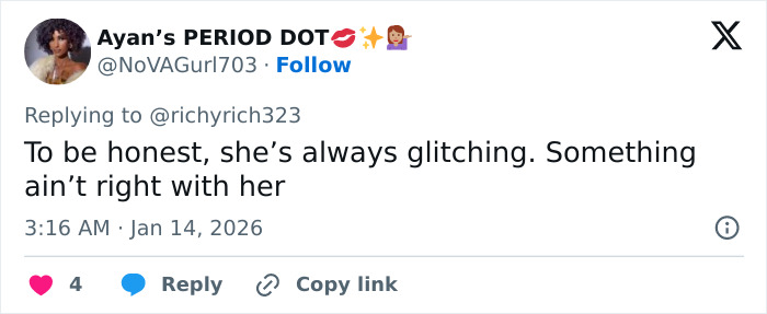 Screenshot of a tweet commenting on Alicia Silverstone glitching with concerns about her behavior and past controversies. Screenshot of a tweet commenting on Alicia Silverstone glitching with concerns about her behavior and past controversies.