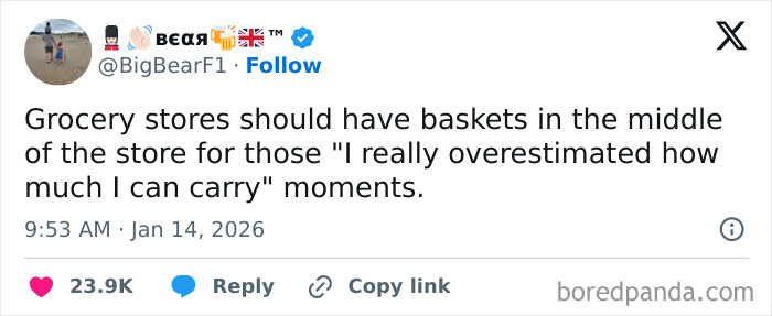 Funny screenshot of a tweet humorously suggesting grocery stores should add baskets in the middle for overestimating carrying capacity.