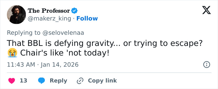 Tweet discussing Kylie Jenner’s weird Golden Globes seat photo with a humorous take on chair defying gravity.