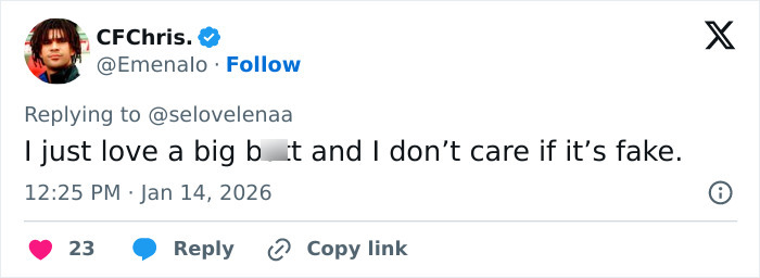 Screenshot of a social media reply commenting on Kylie Jenner’s weird Golden Globes seat photo sparking online debate.