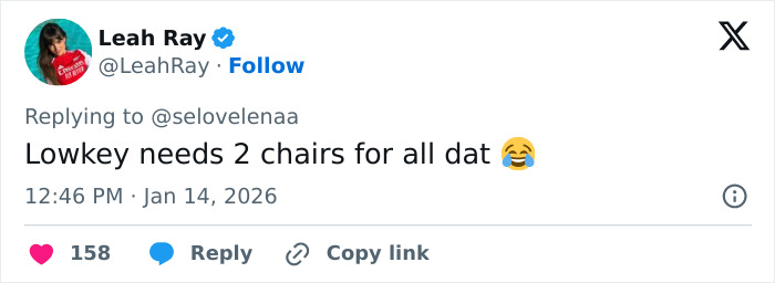 Tweet by Leah Ray replying with laughing emoji about needing two chairs, related to Kylie Jenner’s Golden Globes seat photo debate online. Tweet by Leah Ray replying with laughing emoji about needing two chairs, related to Kylie Jenner’s Golden Globes seat photo debate online.