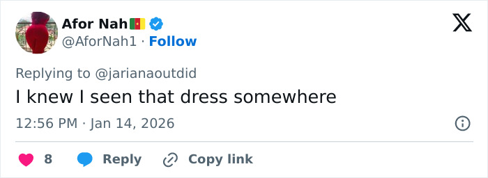 Screenshot of a social media comment mentioning a dress, related to Selena Gomez plagiarizing Arab influencer&rsquo;s look at the Golden Globes.
