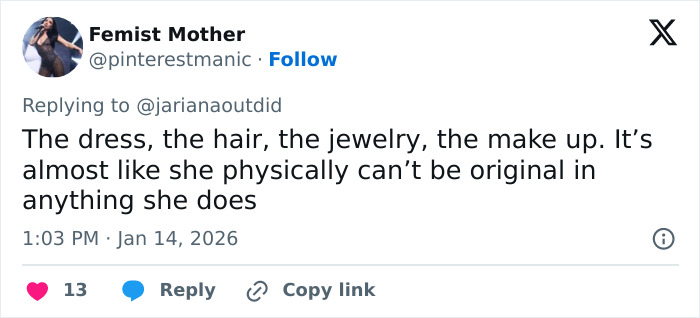 Screenshot of a social media reply accusing Selena Gomez of plagiarizing an Arab influencer&rsquo;s look, including hair and fashion.