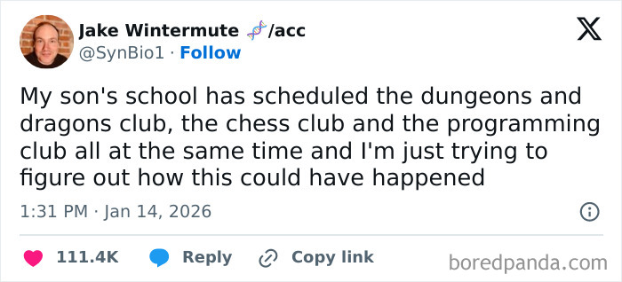 Screenshot of a comedic parenting tweet about scheduling conflicts in kids clubs, highlighting unintentionally funny moments.