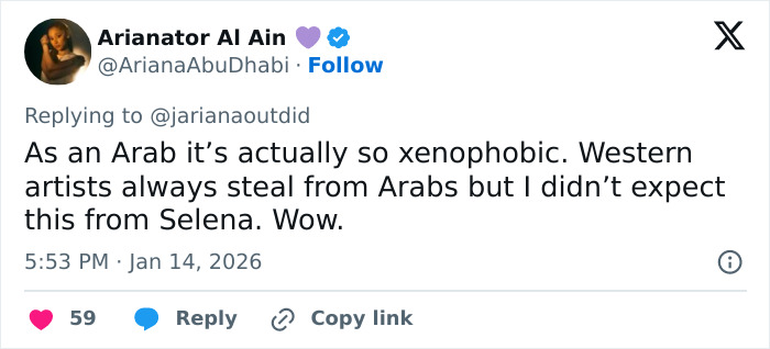 Tweet from Arab influencer accusing Selena Gomez of plagiarizing Arab look, discussing cultural appropriation controversy.