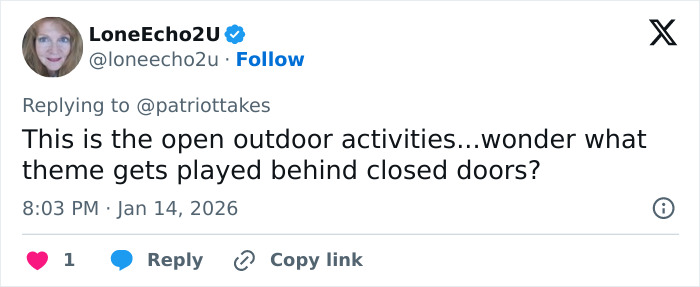 Tweet from LoneEcho2U questioning the outdoor activities at a Mar-a-Lago event with people in dog masks and old-time costumes. Tweet from LoneEcho2U questioning the outdoor activities at a Mar-a-Lago event with people in dog masks and old-time costumes.