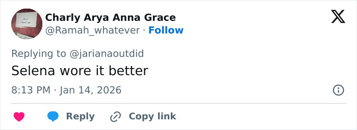 Twitter comment saying Selena wore it better, responding to a post about Selena Gomez accused of plagiarizing an Arab influencer&rsquo;s look.