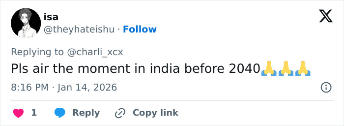 Twitter user replying to Charli XCX, referencing a moment in India with prayer hand emojis in a tweet.