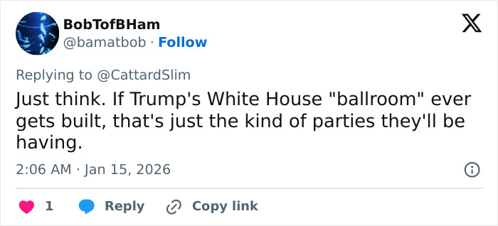 Tweet discussing a hypothetical Trump White House ballroom party with a creepy Mar-a-Lago event vibe. Tweet discussing a hypothetical Trump White House ballroom party with a creepy Mar-a-Lago event vibe.