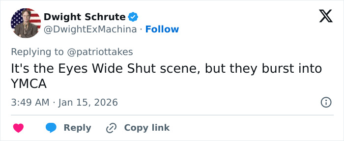 Tweet from Dwight Schrute referencing a Mar-a-Lago event with people in dog masks and old-time costumes. Tweet from Dwight Schrute referencing a Mar-a-Lago event with people in dog masks and old-time costumes.