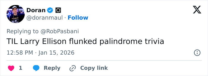Screenshot of a tweet mentioning Larry Ellison flunked palindrome trivia, relating to billionaire boat name change story.
