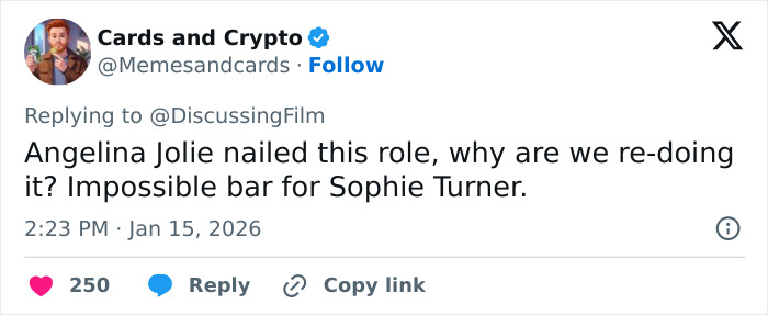 Tweet from Cards and Crypto commenting on Sophie Turner's Lara Croft transformation for Tomb Raider role, comparing to Angelina Jolie.
