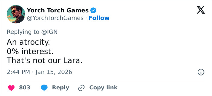 Tweet from Yorch Torch Games expressing disappointment with Sophie Turner's ripped Lara Croft transformation in Tomb Raider.