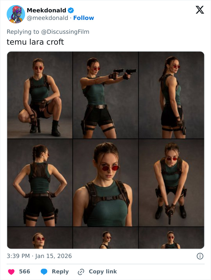 Sophie Turner in a ripped Lara Croft outfit for Tomb Raider posing with guns in multiple action stances against a dark backdrop