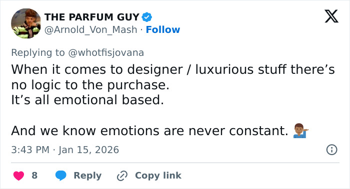 Tweet from THE PARFUM GUY discussing emotional decisions behind purchasing designer and luxurious items.