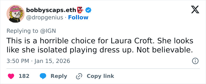 Screenshot of a tweet criticizing Sophie Turner's ripped Lara Croft transformation in Tomb Raider as unbelievable and like playing dress up.