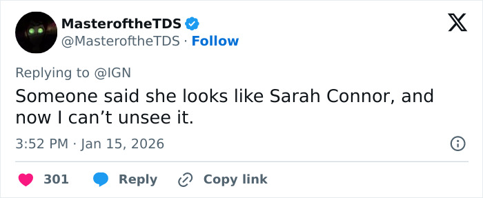 Tweet from MasteroftheTDS commenting on Sophie Turner’s ripped Lara Croft transformation sparking mixed reactions for Tomb Raider.