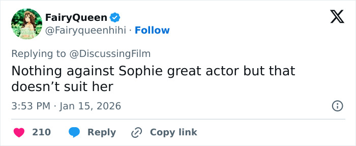 Tweet criticizing Sophie Turner’s portrayal in the ripped Lara Croft transformation for the Tomb Raider film.