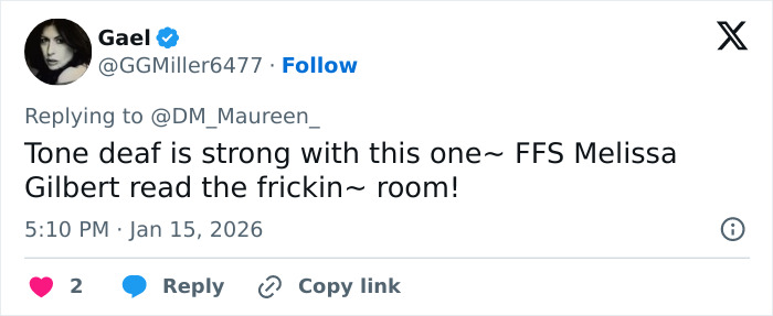 Tweet mentioning Melissa Gilbert sparking outrage over tone-deaf Instagram fridge tour amid husband&rsquo;s charges.