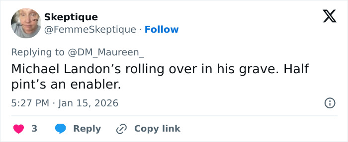 Screenshot of a tweet reacting to Melissa Gilbert&rsquo;s controversial Instagram fridge tour amid husband&rsquo;s charges.