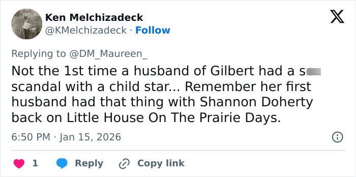 Tweet discussing backlash involving Melissa Gilbert and controversies linked to her husband amid public outrage online.
