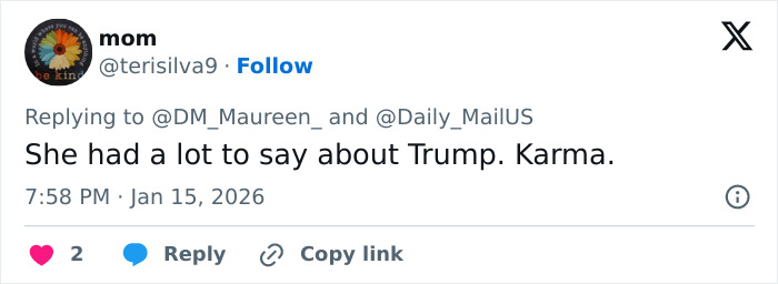 Twitter reply from user mom commenting on Trump and karma with the phrase She had a lot to say about Trump. Karma.
