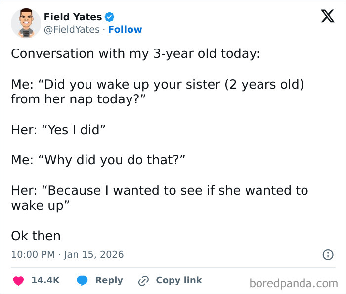 Tweet showing unintentionally comedic parenting moments with a funny conversation between a parent and 3-year-old child.