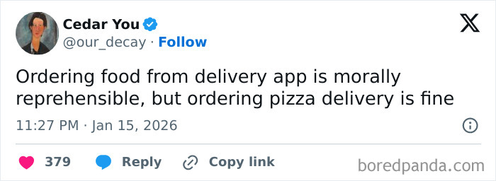 Screenshot of a humorous tweet about the morality of ordering food from delivery apps, featured in internet funny moments.