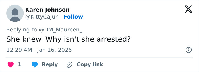 Twitter reply from user Karen Johnson questioning why Melissa Gilbert hasn't been arrested amid outrage over her Instagram fridge tour.