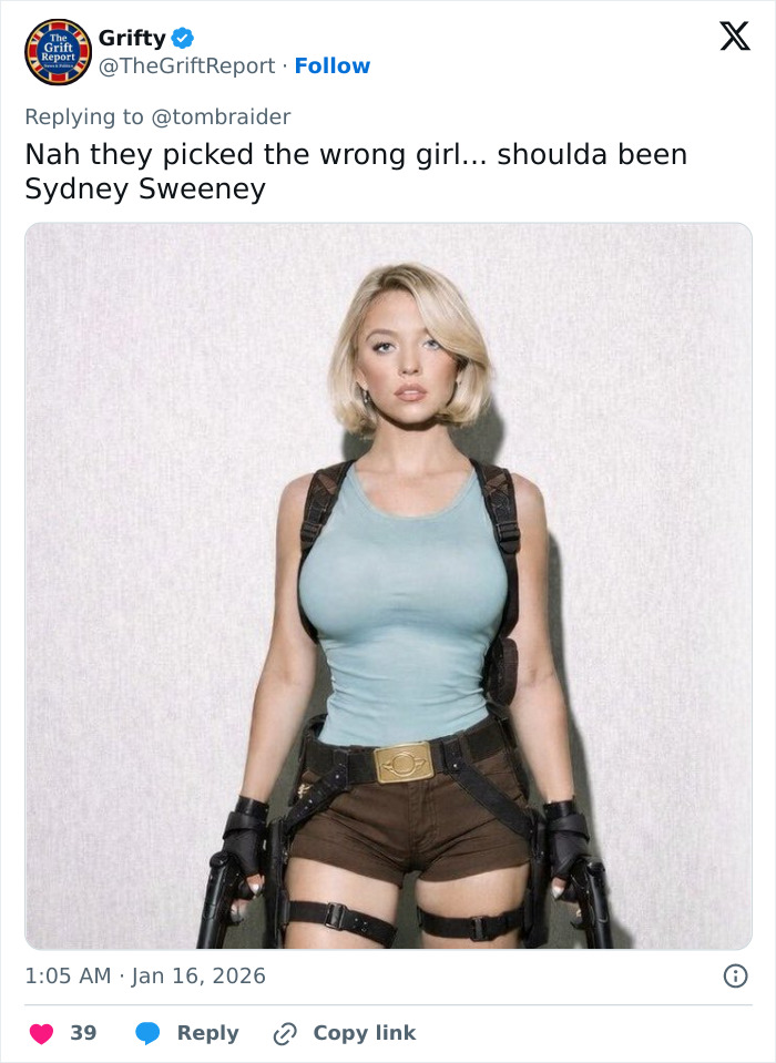 Woman dressed as Lara Croft in ripped outfit holding guns, illustrating Sophie Turner's Lara Croft transformation for Tomb Raider.