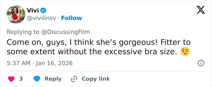 Tweet praising Sophie Turner’s ripped Lara Croft transformation for Tomb Raider, highlighting a fitter and toned appearance.