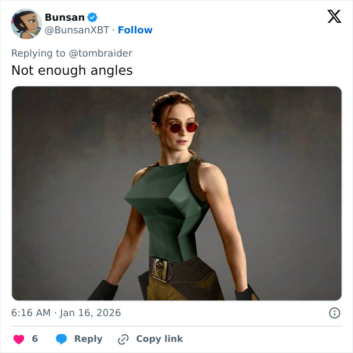 Sophie Turner in a digital rendition of her ripped Lara Croft transformation from Tomb Raider with short hair and sunglasses.