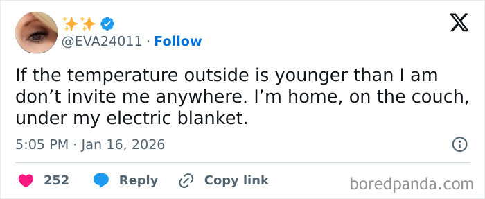 Tweet about staying home under an electric blanket with funny internet moments from January.