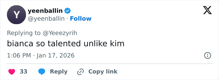 Screenshot of a tweet praising Bianca Censori&rsquo;s unexpected talent, highlighting her breaking the internet with her skills.