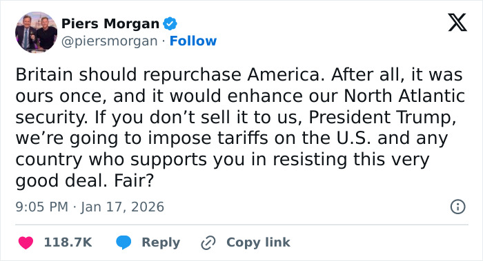 Piers Morgan tweet blaming Donald Trump for incident, discussing tariffs and North Atlantic security concerns. Piers Morgan tweet blaming Donald Trump for incident, discussing tariffs and North Atlantic security concerns.