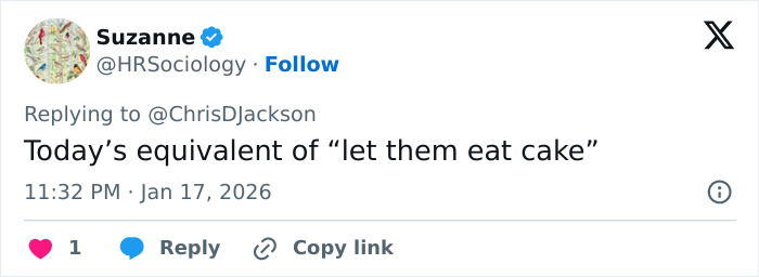 Tweet mentioning "let them eat cake" in response to a discussion, referencing public reaction to Lara Trump dance moves.