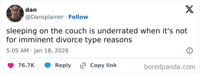 Tweet from user Dan humorously stating sleeping on the couch is underrated, featured among internet funny moments this January.