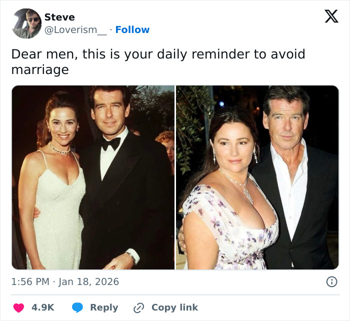 Side-by-side photos of Pierce Brosnan and his wife showing her transformation, highlighting reminder to avoid marriage.