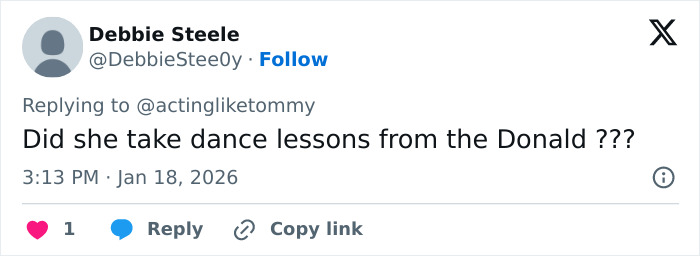 Screenshot of a social media comment mocking Lara Trump's dance moves in her new music video.