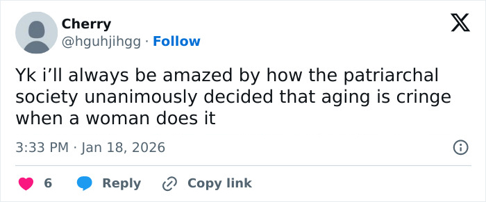 Tweet by Cherry discussing societal views on aging and women, highlighting backlash over Pierce Brosnan's wife's transformation.