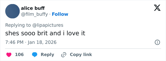 A tweet from user alice buff expressing admiration, highlighting Dua Lipa&rsquo;s British charm in a casual Twitter reply.