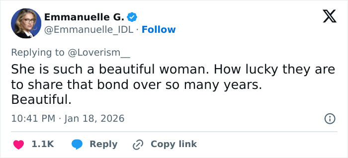 Tweet from Emmanuelle G. praising a woman&rsquo;s beauty and long-lasting bond in a heartfelt comment on social media.