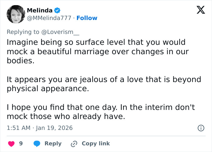 Tweet defending marriage amid online trolling, mentioning body changes and deep love beyond physical appearance.