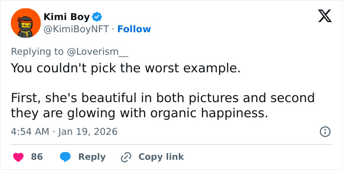 Tweet by Kimi Boy defending Pierce Brosnan&rsquo;s wife against trolls, praising her natural beauty and organic happiness.